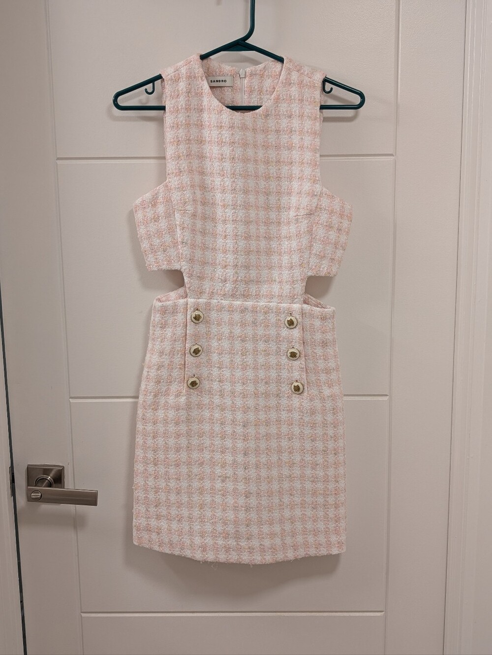 Sandro Pink and White Tweed Cutout Sheath Dress with Gold Buttons